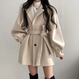 Autumn Winter Women's Thick Woolen Winter Coat Ladies Mid Length Tailored Collar Waist Band Outerwear Female Casual Clothes 231228