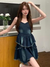 Casual Dresses 2023 Summer Vintage Denim Dress Women's Y2K French Strap Loose Street Tassels Distressed Suspenders