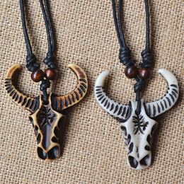 Pendant Necklaces Yak Bone Charm Cow Bull Ox Head Skull Leather Rope Necklace Jewelry Accessories Adjustable209M