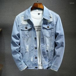 Men's Jackets Spring And Autumn Fashionable Jacket Top Light Blue Korean-style Slim-fit Ripped Denim