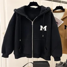 Women's Hoodies Winter Loose Plush Hooded Hoodie Medium Long Autumn Thickened Top Cardigan Zipper Coat Women