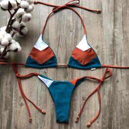 Women's Swimwear Colour Block Stitching Bikini Set Sports Style Tied Rope Push-Up Padded Swimsuit Sexy Halter Soft Beachwear Biquini