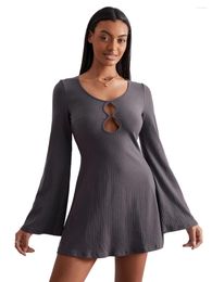 Casual Dresses Women's Fall Mini Dress Fashion Long Flare Sleeve Cutout Solid Color Short Ribbed Streetwear