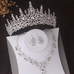 Luxury Silver Color Crystal Leaves Bridal Sets Baroque Tiaras Crowns Earrings Choker Necklace Wedding Dubai Jewelry Set205q