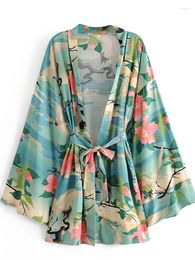 Women's Swimwear Fitshinling Bohemian Beach Kimono Women Cover-Ups With Belt Print Green Summer Outings Beachwear Swimwears Cardigan Outfits