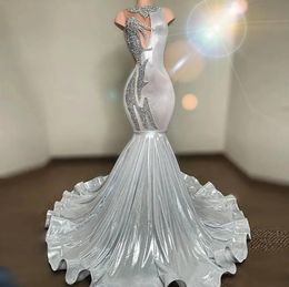 Silver Sequin Prom Dresses For Arabic Women Mermaid 2024 Beading Evening Gowns Outfit Luruxry Robes De Bal Women Party Wear