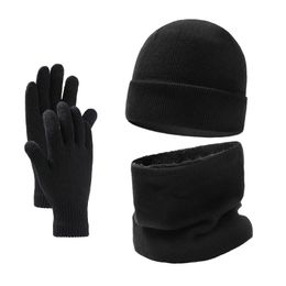 Fashion Hat Neck Scarf and Gloves Three-piece Set for Men Knitted Hat Plus Velvet Black Woolen Hat and Neck Scarf