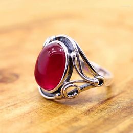 Cluster Rings 925 Silver Jewelry Handmade Lady Thailand Folk Style Red Corundum Ring