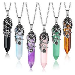 Pendant Necklaces Natural Flower Wrapped Crystal Pendulum Hexagon Healing Amethyst Rose Quartz Stone Chain Necklace Jewellery For Women Men