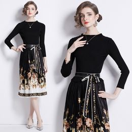 Black Party Knitted Patchwork Pleated Dress Long Sleeve Woman Designer O-Neck Slim Elegant Print Fit Vacation Midi Dressess 2024 Spring Fall Chic Runway Ballgown