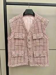 Women's Tanks 2023 Autumn/Winter Pink Multi Pocket Diamond Button V-Neck Tweed Loose Vest Women Tank Top