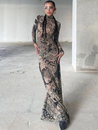 Casual Dresses Ahagaga Fashion Fancy Stretch Print Long Sleeve Mesh Dress Sexy See-through Elegant Slimming