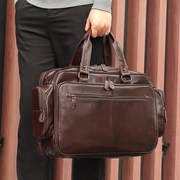 Briefcases Men Business Briefcase Soft Genuine Leather Man 15" Laptop Handbag Multifunctional Cowhide Double Layer Messenger Bag for Male