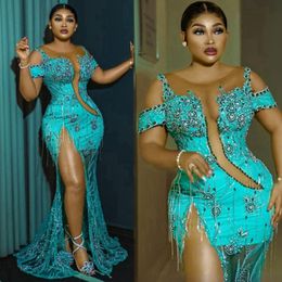 Mint African Arabic Aso Ebi Prom Dresses for Special Occasions Mermaid High Split Sexy Bead Evening Formal Dress for African Black Women Birthday Party Gowns NL173