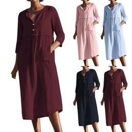 Casual Dresses Women V Neck Rolled Up Sleeve Dress Button Down Side Slit Shirt Flax Maxi Roaring 20's For