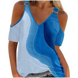 Women's T Shirts Sexy Off Shoulder Chiffon Shirt Summer Oversized T-shirt Print Tops V-neck Casual Blouses Ring Link Strap Streetwear