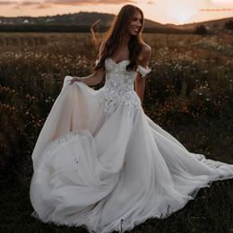 Stunningbride 2024 Summer Garden Country Bohemian A Line Wedding Dresses Elegant Off Shoulder Appliqued Lace Top Ruched Tulle Long Boho Bridal Gowns Plus Size
