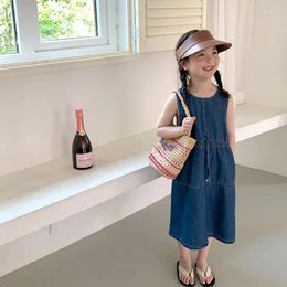 Girl Dresses Korean Style Children'S Clothing Girls' Loose Casual Sleeveless Summer Lace-Up Waist Denim Vest Dress