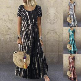 Casual Dresses Summer Fashion Style Street Mid-Length Jumpsuit Round Neck Short Sleeve Tie-Dyed Print Large Swing Dress Plus Size Skirt