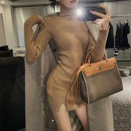 Grey Crochet Clothing Turtleneck Brown Women's Dresses Knit Short Extreme Mini Split Female Dress Designer Beach Sale 231229