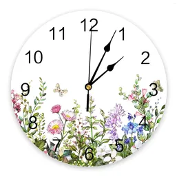 Wall Clocks Vintage Watercolor Plant Bedroom Clock Large Modern Kitchen Dinning Round Living Room Watch Home Decor