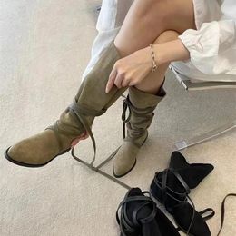 Boots 2022 Autumn New Women MIdCalf Boots Female Flock Pointed Toe Square Heels Shoes Ladies Fashion Pleated Long Boot