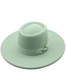 95 Cm Wide Brim Plain Black Flat Top Hat Boater Women Wool Fedora Felt Hats with Bowknot Vintage Church Wedding Panama Cap6138863