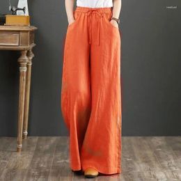 Women's Pants Spring Summer 2023 Cotton Linen Style Wide Leg Women Vintage Full Length Elegent Solid Elasitic Waist Trousers Q661