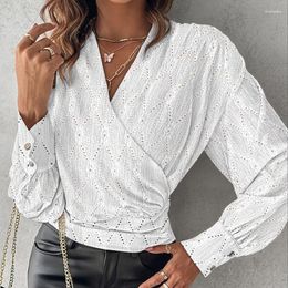 Women's Blouses Fashion Pattern Printed Draped Blouse Office Elegant Deep V-neck Wrap Pullover Tops Women Casual Long Sleeve Waist Shirts