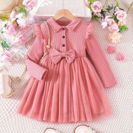 Girl Dresses Kids Winter For Girls 4-7Y Long Sleeve Patchwork Ribbed Bowknot Dress Mesh Tulle Princess Children Clothing