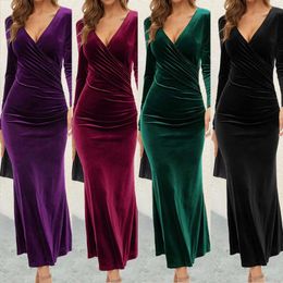 Casual Dresses Ruffled Wrap Dress Long Sleeve V Neck Slit Hem Draped Midi Semi Formal Cocktail For Women Evening