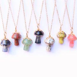 Natural Gem Agates Stone Wire Wrap Mushroom Pendant Quartz Crystal Gold Collar Women Jewellery Necklaces