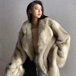 Faux Fox Fur Coat Women Winter Warm Cardigan Jacket Lambswool Mid-Length Lapel Loose Plush Coat Oversized Teddy Jacket 231228
