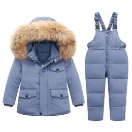 Parka real pele com capuz menino macacão de bebê inverno para baixo jaqueta quente crianças casaco criança snowsuit neve criança menina roupas conjunto 231228