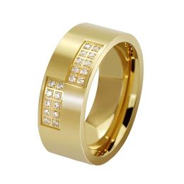 Titanium Steel Jewelry Cubic Zirconia Men Rings Fashion Finger Ring Gold 8mm Size 7-132182