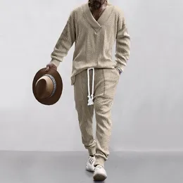 Men's Tracksuits Autumn Clothing Tracksuit Jacquard Set Long Sleeve V Neck T-shirt Pants Sportswear For Men Solid Colour 2 Piece Suit S-3XL