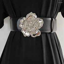 Belts Double Sides Available Silver Big Flower Metal Buckle Genuine Leather Wide Cowhide Belt Women Decorative Skirt Waist