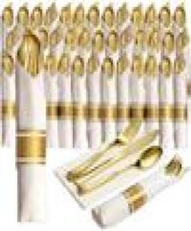 40 Pieces of PreRolled Golden Plastic Silverware Disposable Cutlery and Napkin Suitable for 10 People Dinner Party Wedding8026937
