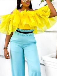 Women's Blouses Women Off Shoulder Ruffles Pleated Yellow Summer Bright Shirt Tops Classy Elegant Lady Fashion Female African Bluas 2024