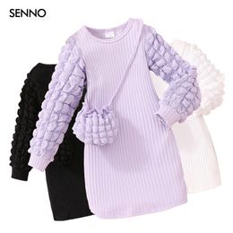 2pcs Baby Girls Dress Bag Set Clothes Children Autumn Fall Winter Puff Long Sleeve Solid for Kids Clothing 3 7Y 231228