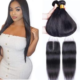 Wefts Straight Human Hair 3 Bundles with Closure Bundles with 4x4 Free Part HD Lace Closures Brazilian Weave Extensions Hair Long Straig