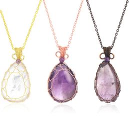 Irregular Water Drop Crystal Pendant Necklace Natural Stone Amethysts Clear Crystals Wire Wrapped Pendants Jewellery