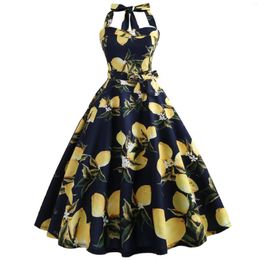 Casual Dresses Lemon Print Sexy Halter Retro Women Summer Backless Vintage 50s 60s Robe Rockabilly Party Swing Vestidos