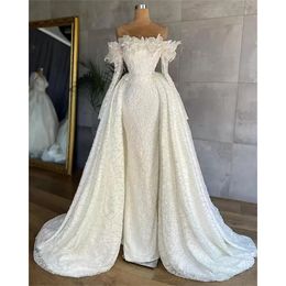 Stunningbride 2024 White Lace Mermaid Wedding Gowns With Overskirt Off Shoulder Long Sleeves Beading Plus Size Sweep Train Bridal Dresses
