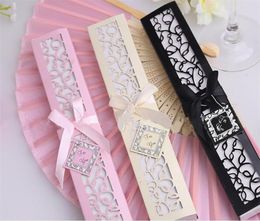 50Pcs Whole Mix Color Personalized PrintingEngrave Logo On Ribs Wooden Bamboo Hand Silk Wedding FansGift Box 7202795