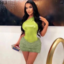 Work Dresses HLJ Sexy Glossy Bodycon Fleece Mini Skirts Two Piece Sets Women One Shoulder Top And Outfits Fashion Nightclub Clothing