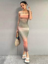 Casual Dresses Ahagaga Fashion Ins Tie-Dyed Flattering Figure Graceful Slip Dress Sexy Off-Shoulder Sheath