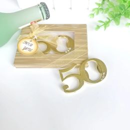 50PCS Wedding Anniversary Favors 50th Design Gold Bottle Opener in Gift Box Birthday Party Giveaways Solid Golden Beer Openers ZZ