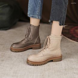 Boots 2023 Autumn Winter Women Ankle Natural Leather 22-25cm Cowhide Upper Short Lace Up Thick Heel Modern