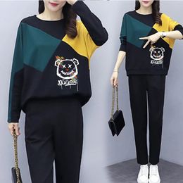 Spring Autumn Sports Cartoon Bear Print Two Piece Set for Korean Women's Pullover SweaterSkirt Fashion Large Casual Se 231228